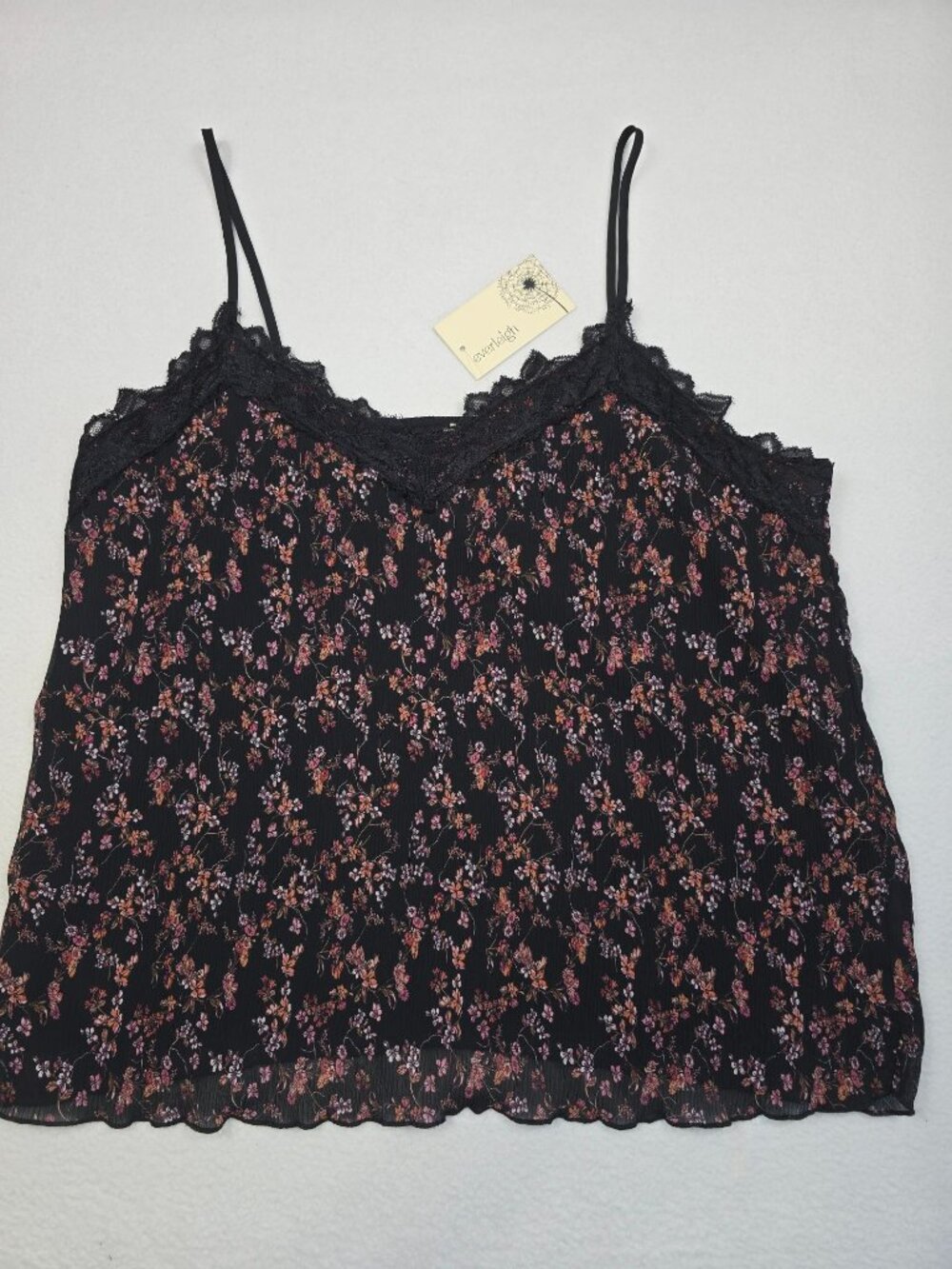 NWT Anthropologie Everleigh Floral Lace Trim Black Crinkle Cami Top XL Coquette